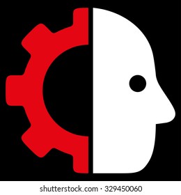 Cyborg vector icon. Style is bicolor flat symbol, red and white colors, rounded angles, black background.