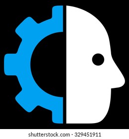 Cyborg vector icon. Style is bicolor flat symbol, blue and white colors, rounded angles, black background.