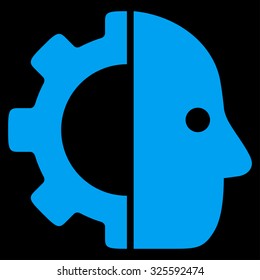 Cyborg vector icon. Style is flat symbol, blue color, rounded angles, black background.