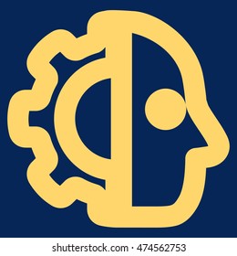 Cyborg vector icon. Style is outline flat icon symbol, yellow color, blue background.