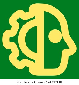 Cyborg vector icon. Style is stroke flat icon symbol, yellow color, green background.