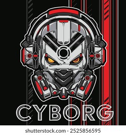 Cyborg warrior vector illustration, character, print. Techno punk background, logo, red and black.