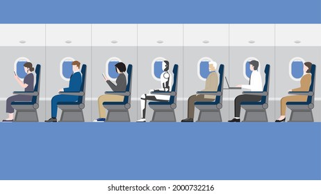 A cyborg will be a part of people's daily life in the future. A robot sitting in a plane cabin with human passengers. Transport, travel, togetherness, and technology concept inside the airplane cabin.