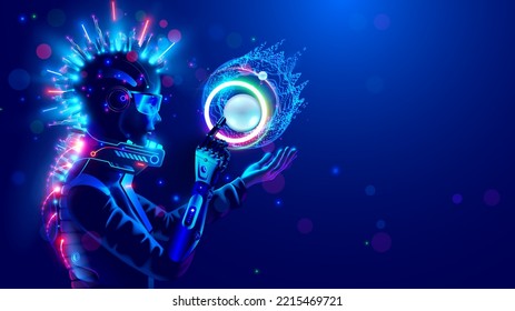 Cyborg woman in cyberpunk style. Cyber girl in futuristic suit with sci-fi tech punk hairstyle. Character girl cyborg looks like robot with electronic implants, 3d VR glasses in cyberspace.  Cosplay.