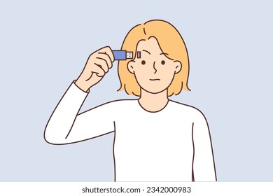 Cyborg woman with flash drive connected to head symbolizes chipping of people and possibility of digitizing intelligence. Human-like cyborg as metaphor for innovation and biotechnology