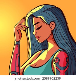 Cyborg woman from the future with bionic arm being touched by sunrays at golden hour. Cyber girl with blue long hair.