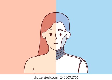 Cyborg woman with human and robotic face simultaneously, symbolizes synergy between man and artificial intelligence. Cyborg girl from future smiles after replacing body part with bionic prosthetics