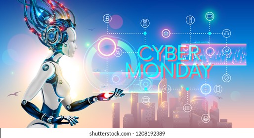 Cyborg woman show hologram with text cyber monday and icons online internet store. Robot advertising event sale promotion banner of e-commerce.