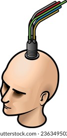 A cyborg woman's head with a bundle of wires coming out of it.