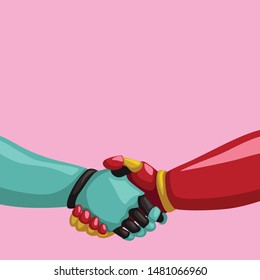 cyborgs handshaking on pink background