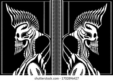Cyborgs, robot or droid with skull with big mohawk or crest on the head, sharp beard, long neck with mechanisms, with wires at the back, going from head to back, symmetric, with lattice in the frame.