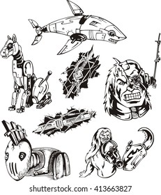 Cyborgs and Robots, mechanical humans and animals. Set of vector illustrations.