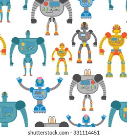 Cyborgs seamless pattern. Background of lovely colored robots. Machines with artificial intelligence texture. 
