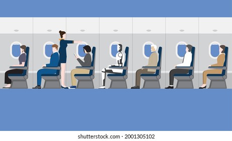 Cyborgs will be a part of people's daily life in the future. A robot sitting in a plane cabin with human passengers and cabin crew air hostess. Transport and travel concept of airplane cabin inside.