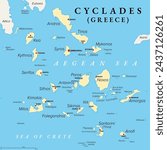 Cyclades, group of Greek islands in the Aegean Sea, political map. Southeast of mainland Greece. Cyclades means encircling and it refers to the circle, the islands form around the sacred island Delos.
