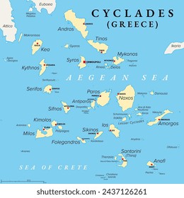 Cyclades, group of Greek islands in the Aegean Sea, political map. Southeast of mainland Greece. Cyclades means encircling and it refers to the circle, the islands form around the sacred island Delos.