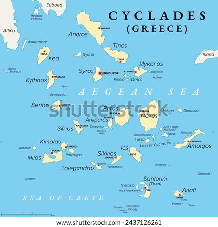Cyclades, group of Greek islands in the Aegean Sea, political map. Southeast of mainland Greece. Cyclades means encircling and it refers to the circle, the islands form around the sacred island Delos. Foto stock © 