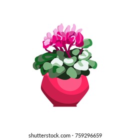 Cyclamen homeplants in a red flowerpot. Vector icons on white background
