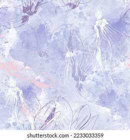 Cyclamens. Art floral background. Seamless pattern with hand drawn flowers on lilac watercolor background. Vector.  Perfect for wallpaper, wrapping, fabric and textile. 