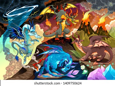 Cycle of air, earth, fire, and water with each dragon. Fantasy vector illustration