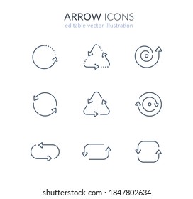 cycle arrow icon set for web and app:  thin line arrows. editable stroke vector illustration