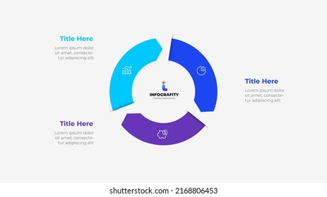 Cycle arrows diagram with 3 options or steps. Slide for business presentation. Circle abstract element divided into three parts.