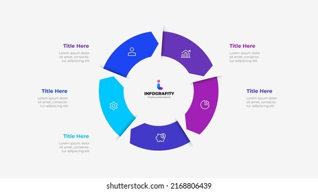 Cycle arrows diagram with 5 options or steps. Slide for business presentation. Circle abstract element divided into five parts.