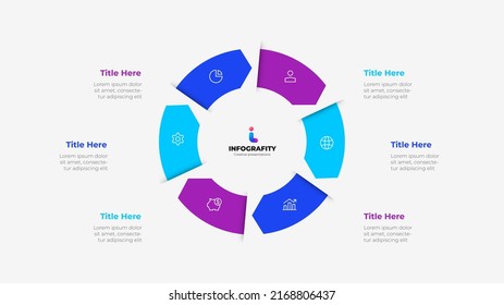 Diagrama de las flechas de ciclo con 6 opciones o pasos. Diapositiva para presentación de negocios. Elemento abstracto de círculo dividido en seis partes.