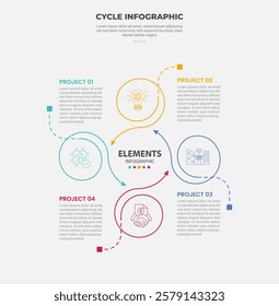 cycle base infographic outline style with 4 point template with creative circle with swirl arrow line spreading direction for slide presentation vector