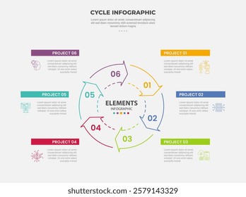 cycle base infographic outline style with 6 point template with circular arrow shape base on center for slide presentation vector