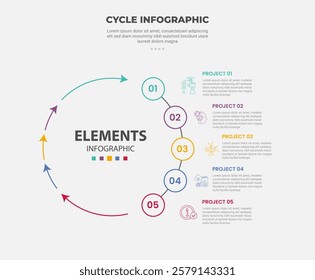 cycle base infographic outline style with 5 point template with big circle arrow line slice circular for slide presentation vector