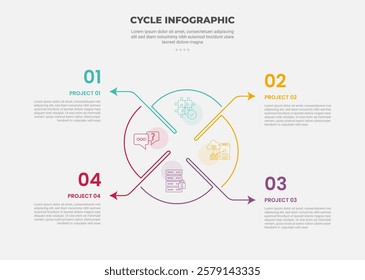 cycle base infographic outline style with 4 point template with unbalance circle with arrow line direction for slide presentation vector