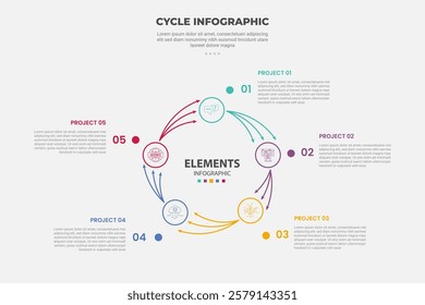 cycle base infographic outline style with 5 point template with circular circle with thin arrow line direction for slide presentation vector