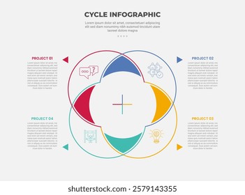 cycle base infographic outline style with 4 point template with round circle venn combination for slide presentation vector