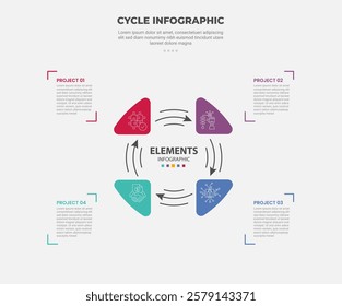 cycle base infographic outline style with 4 point template with creative triangle on circle center for slide presentation vector