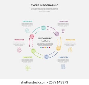 cycle base infographic outline style with 6 point template with round circle with circle on edge and dotted line for slide presentation vector