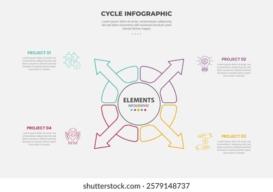 cycle base infographic outline style with 4 point template with big circle center with arrow spreading all direction for slide presentation