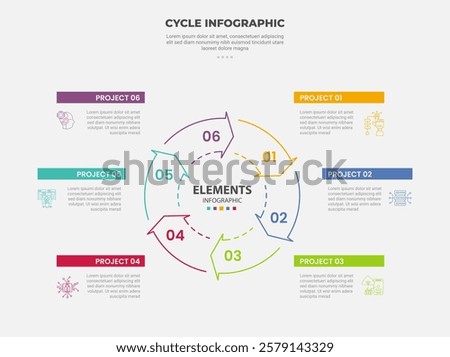 cycle base infographic outline style with 6 point template with circular arrow shape base on center for slide presentation vector