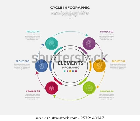 cycle base infographic outline style with 6 point template with circle on circle base with arrow line circular for slide presentation vector