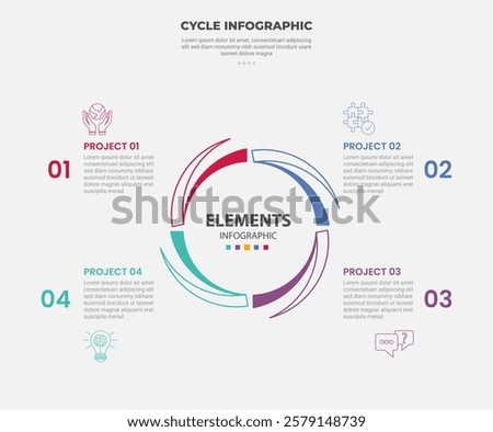 cycle base infographic outline style with 4 point template with creative circle sharp fluid shape on center for slide presentation