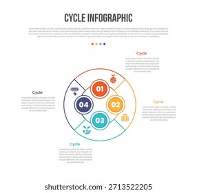 Diagrama de Plantilla de infografías de forma de base de ciclo con base de gráfico circular grande con insignia circular en el interior con Vector de contorno plano simple creativo de paso de 4 puntos