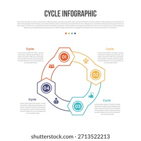 Diagrama de modelo de infográficos de forma de base de ciclo com círculo grande com borda hexágono com passo de 4 pontos criativo vetor de contorno plano simples