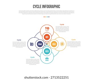 Diagrama de modelo de infográficos de forma de base de ciclo com combinação de forma circular de círculo grande e pequeno com 4 pontos passo criativo vetor de contorno plano simples