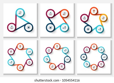 Cycle business graphic elements. Business process infographics with 3, 4, 5, 6, 7 and 8 step circles. Abstract presentation template. Modern vector infochart layout design.