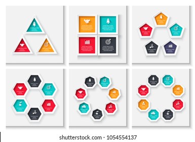 Cycle business graphic elements. Business process infographics with 3, 4, 5, 6, 7 and 8 steps. Geometric presentation template. Modern vector infochart layout design.