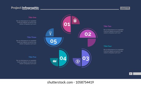 Cycle chart with five elements. Step diagram, process chart, layout. Creative concept for infographics, presentation, project, report. Can be used for topics like management, workflow, analysis.