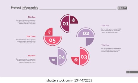 Cycle chart with five elements. Step diagram, process chart, layout. Creative concept for infographics, presentation, project, report. Can be used for topics like management, workflow, analysis.