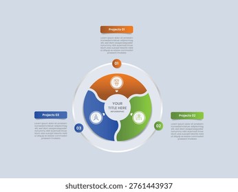 Cycle and circular base infographic with glossy gradient style with big circle glass with piechart swirl cut with small circle badge with three segment information vector