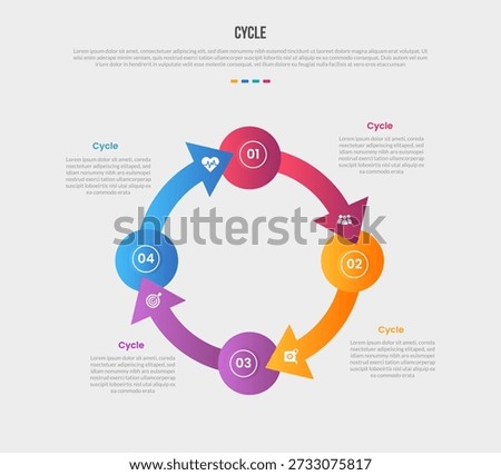 Cycle circular base shape infographics gradient template diagram with circle and arrow on circle circular with 4 point step creative vector