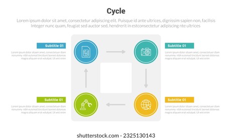 cycle or cycles stage infographics template diagram with rectangle shape arrow circular and 4 point step creative design for slide presentation